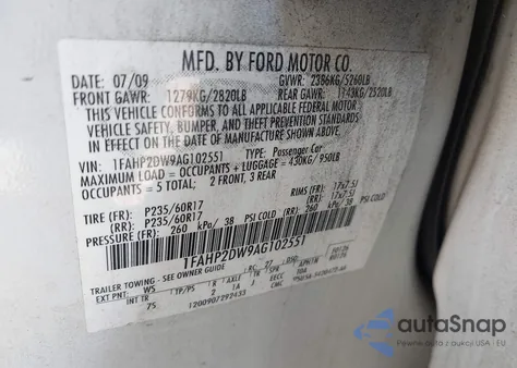 2010 Ford Taurus Se from USA, damaged, VIN 1FAHP2DW9AG102551